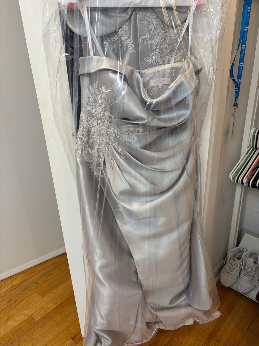 Montage by Mon Cheri Silver Strapless Satin Gown with Floral Appliqué MofBride